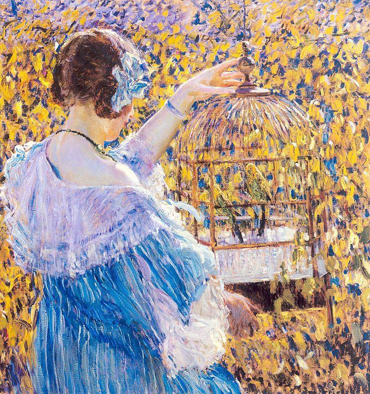 The Birdcage Impressionist women Frederick Carl Frieseke Oil Paintings